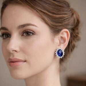 Blue Sapphire Halo Small Stud Earrings | AAA+ Cubic Zirconia | Rhodium Plated